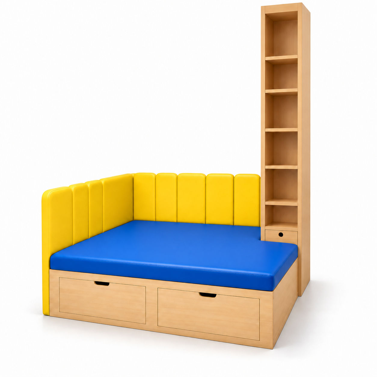 Covebank Padded Reading Bench with Tower Shelf — Nurseries & Kindergartens furniture by EduJaz