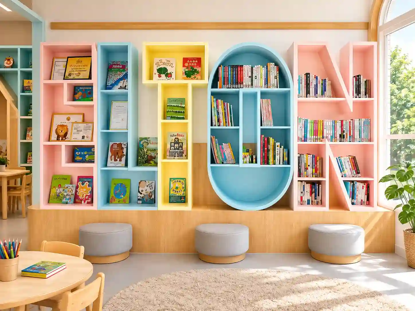 Modular Geometric Library Display & Seating Wall