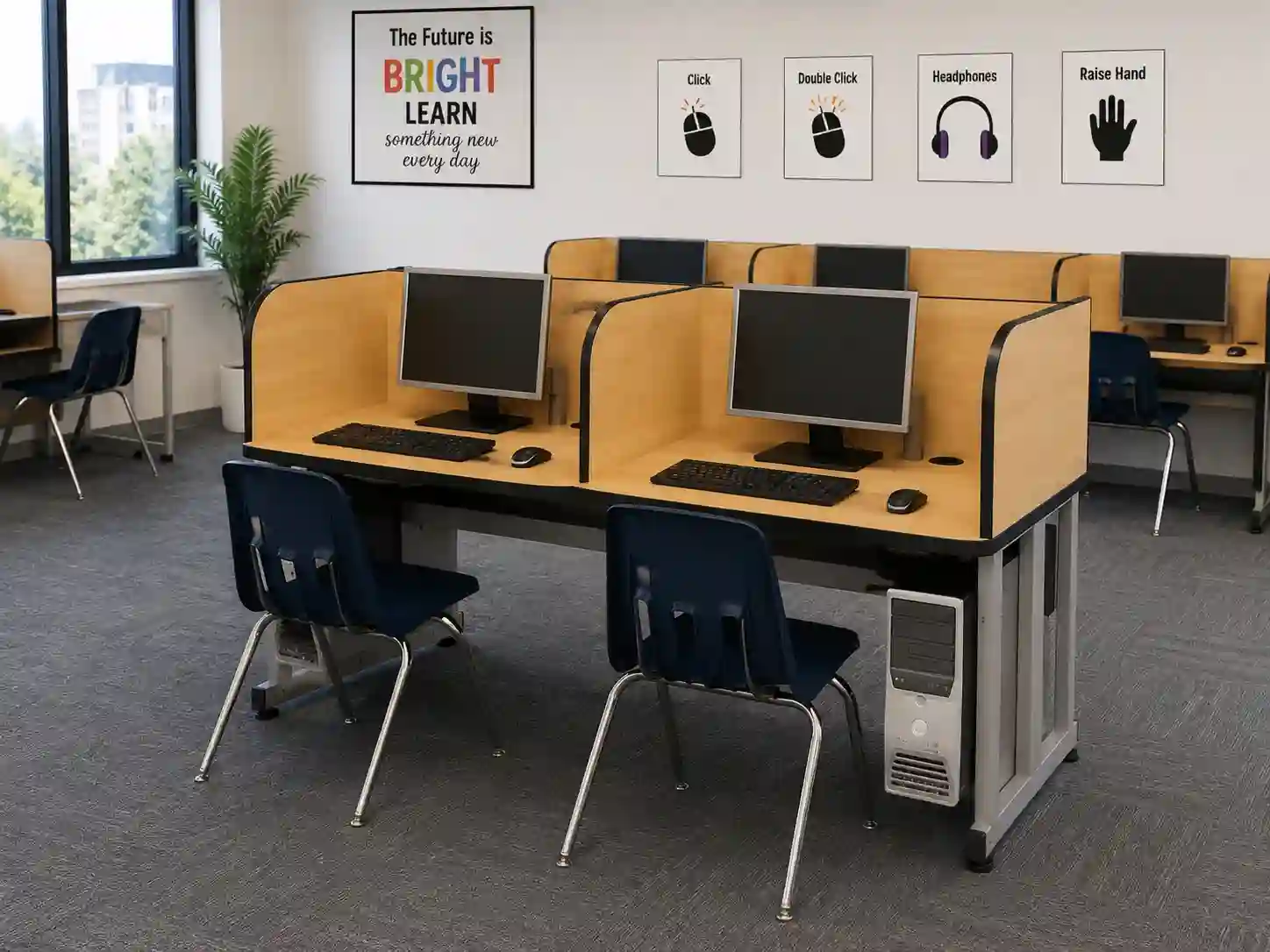 Two-Seater Computer Laboratory Workstation with Privacy Partitions