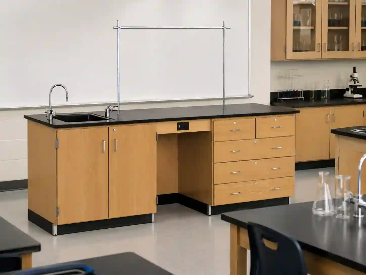 Science Laboratory Demonstration Bench with Sink, Storage & Service Rod