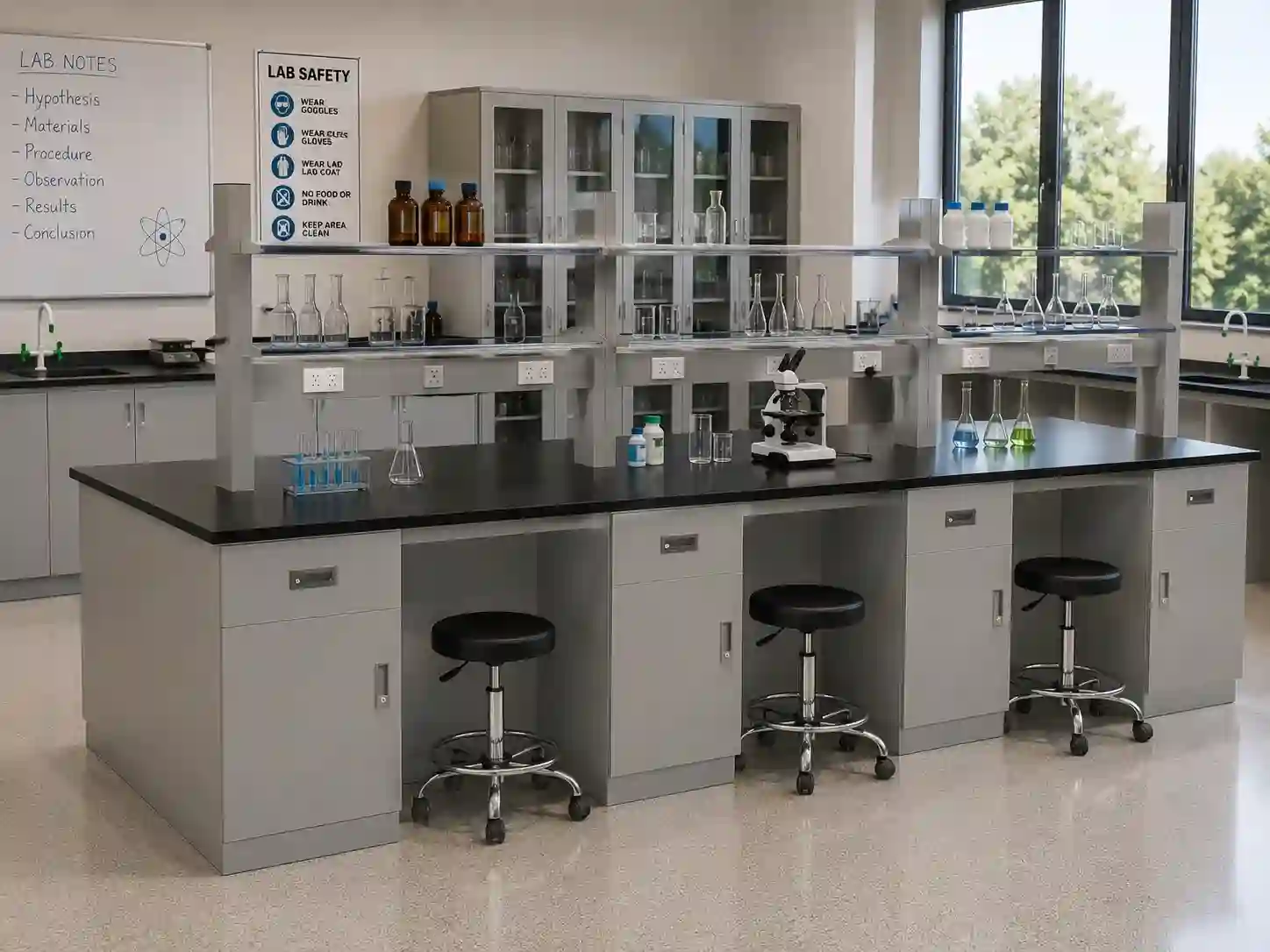 Science Laboratory Island Workbench with Overhead Shelving