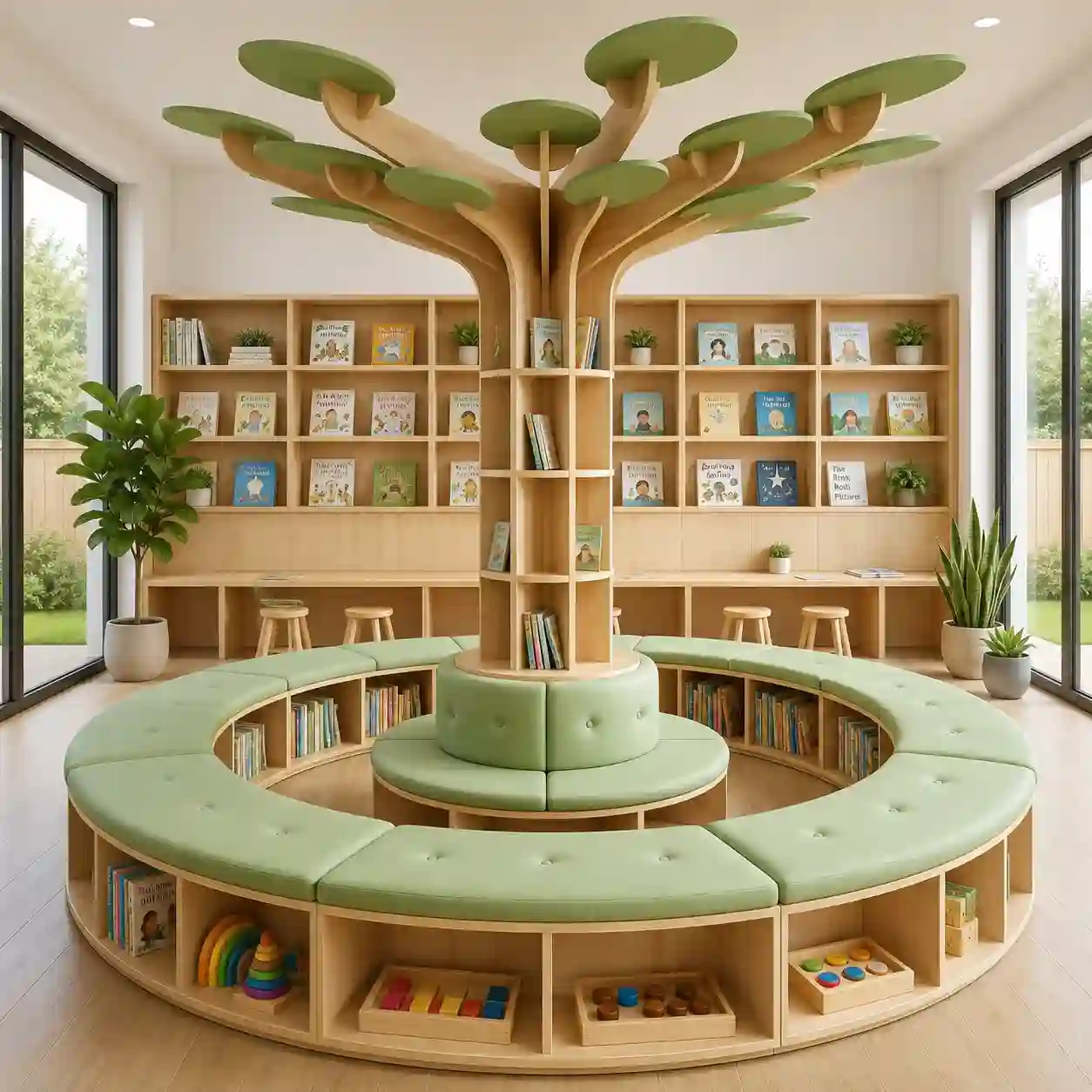 Tree-Themed Circular Library Seating & Book Storage System