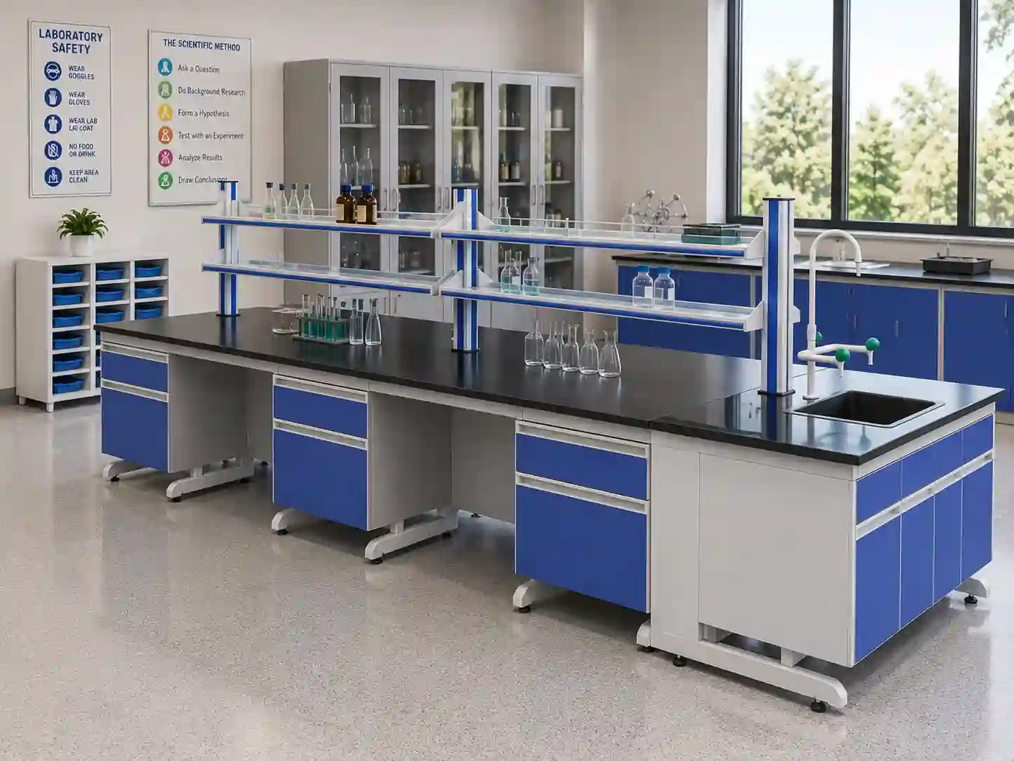 Modular Science Laboratory Island Workbench with Overhead Shelving