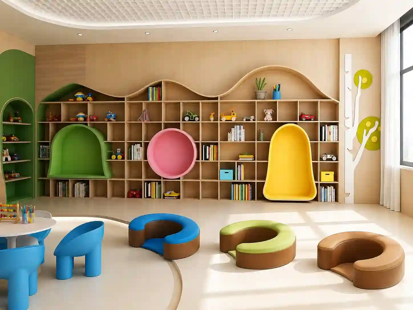 Integrated Library Wall with Reading Pods & Display Storage