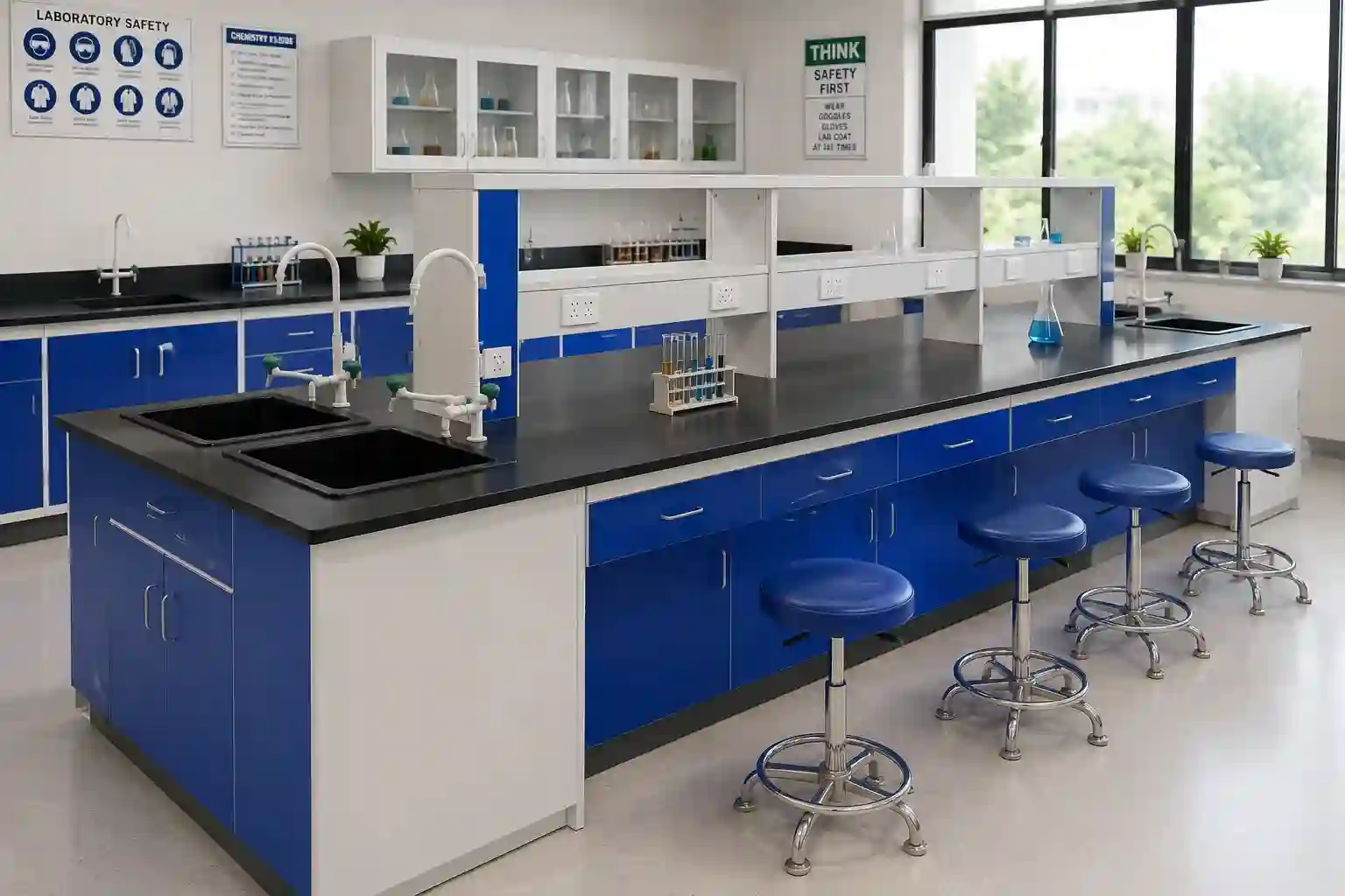 Collaborative Science Laboratory Island Bench with Sinks & Service Shelf