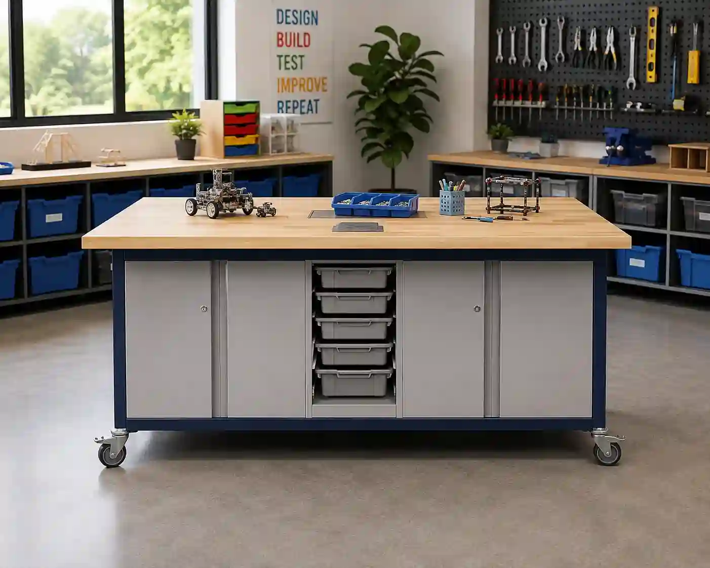 Mobile STEM Workbench with Cabinets & Tray Storage