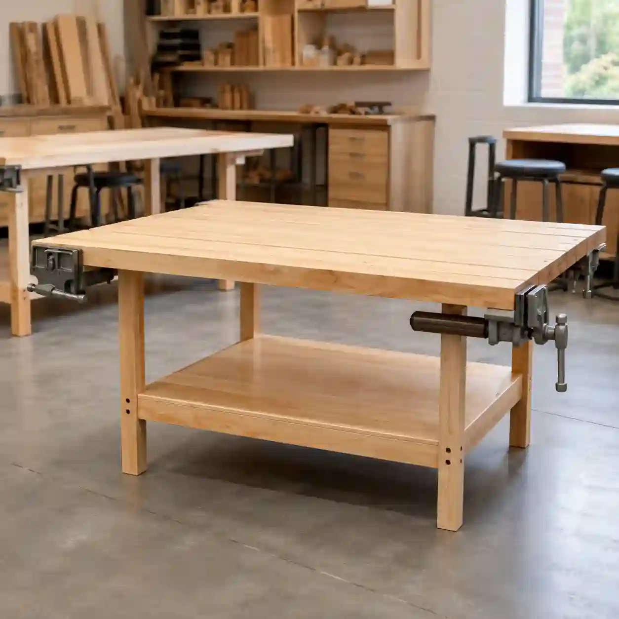 Heavy-Duty Wooden Workshop Bench with Vices