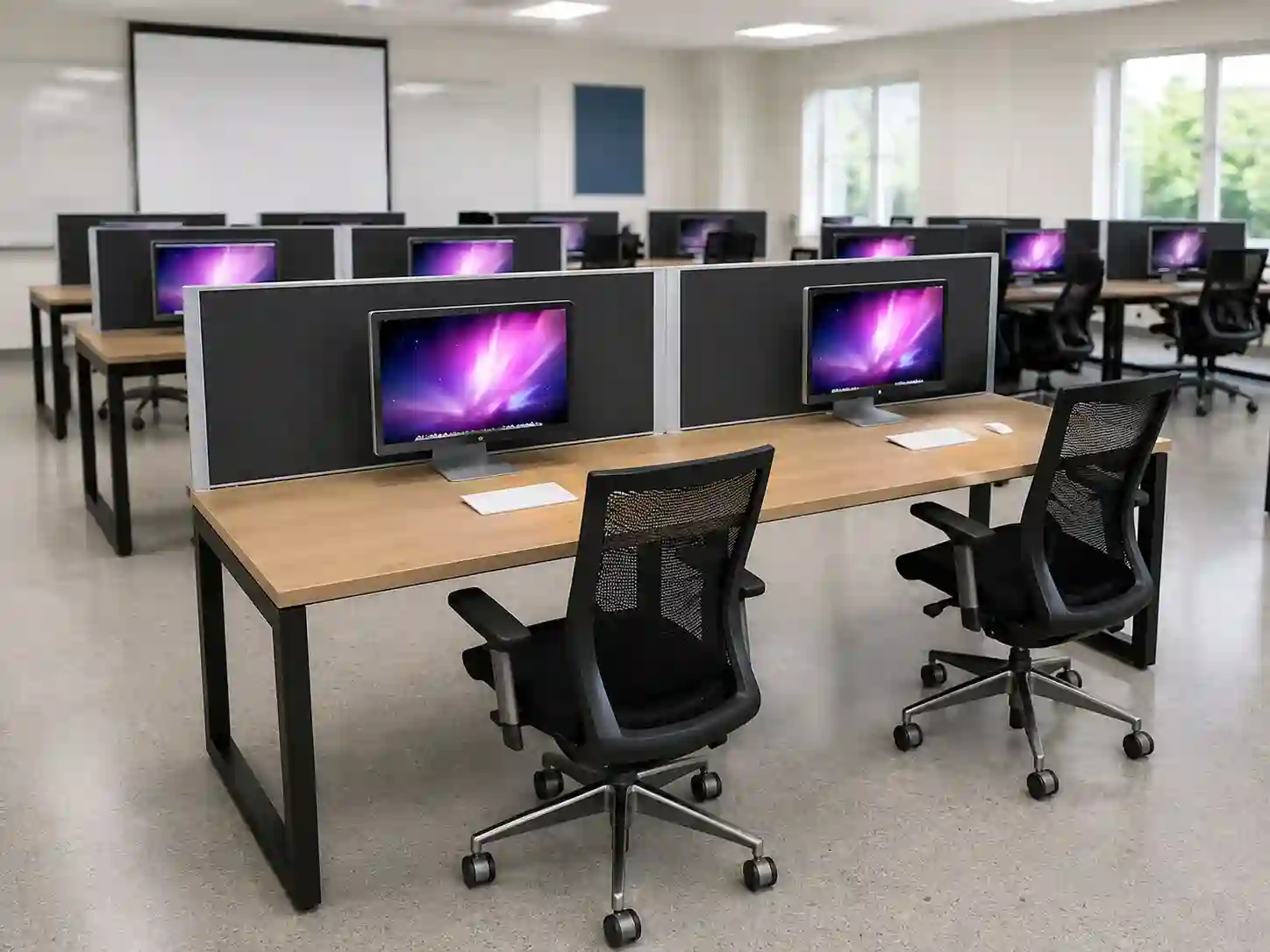 Two-Seater Computer Laboratory Workstation with Privacy Screens