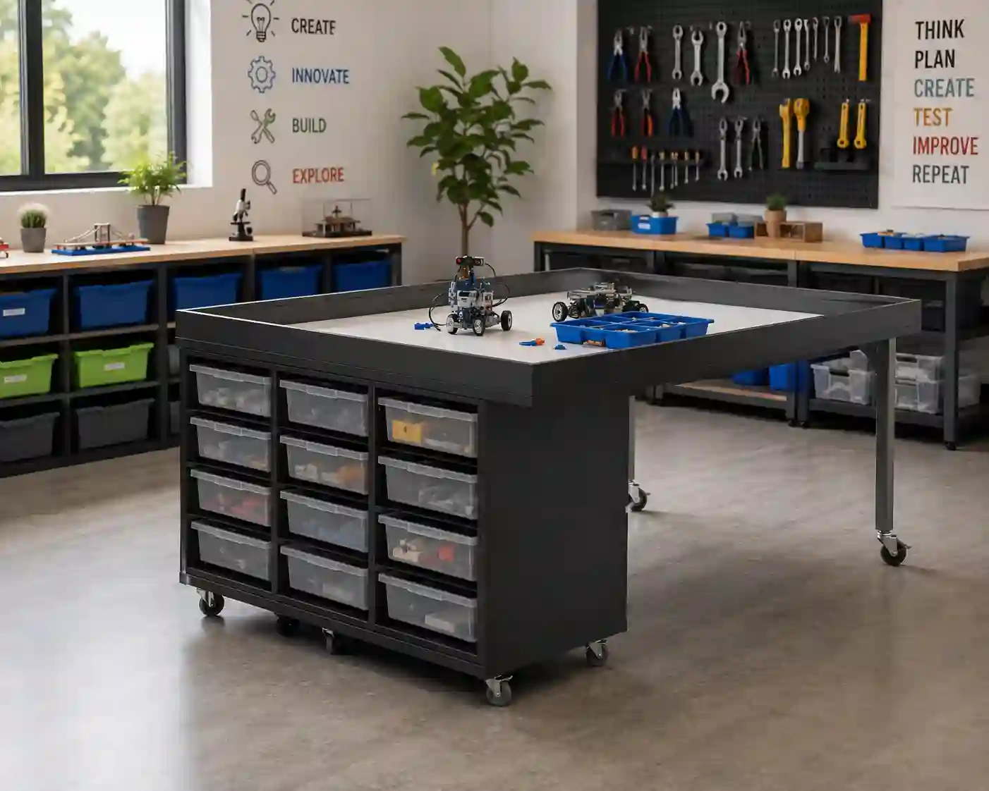 Mobile STEM Workstation with Integrated Tray Storage