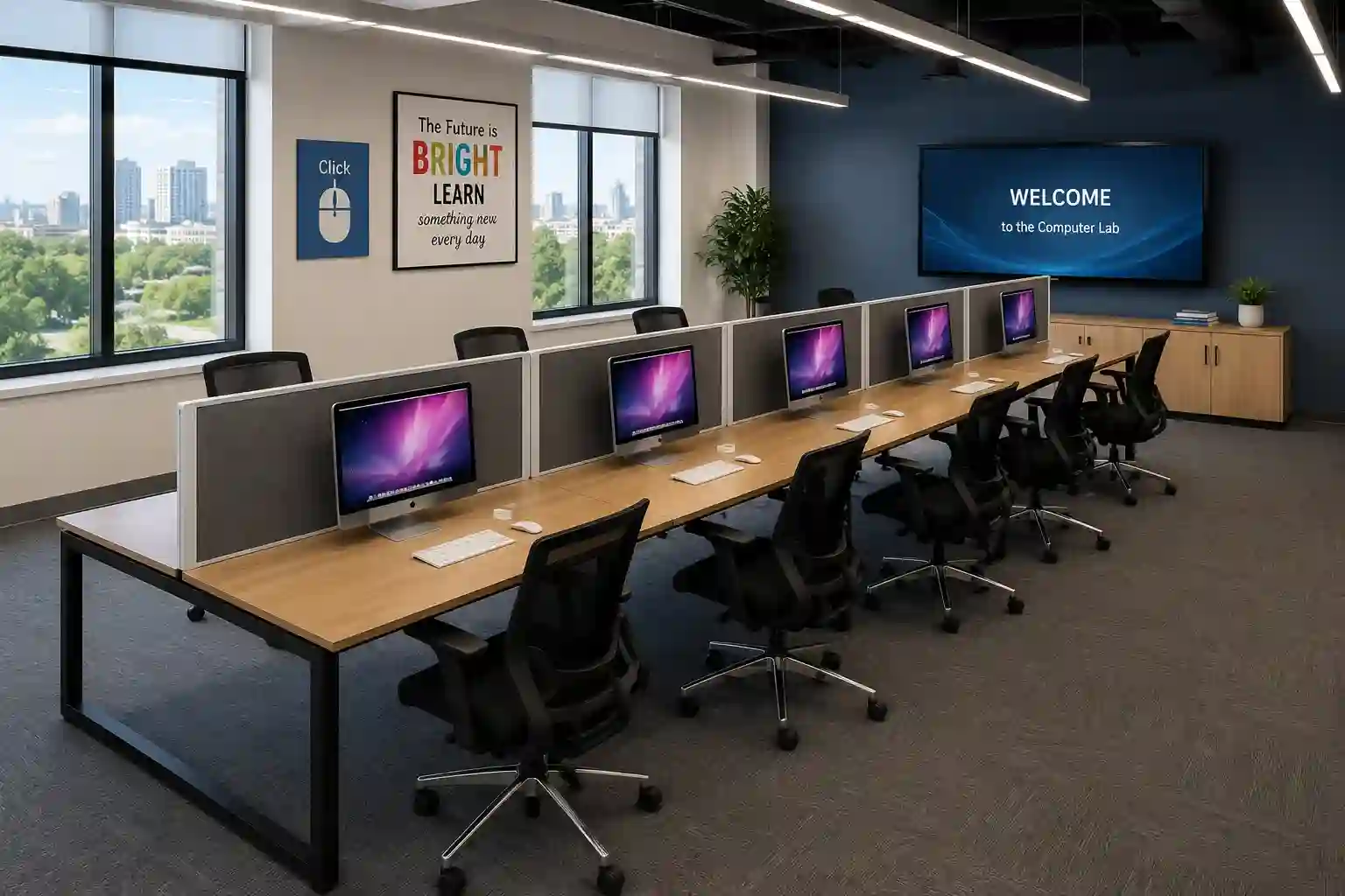 Double-Sided Computer Laboratory Workstation with Privacy Screens