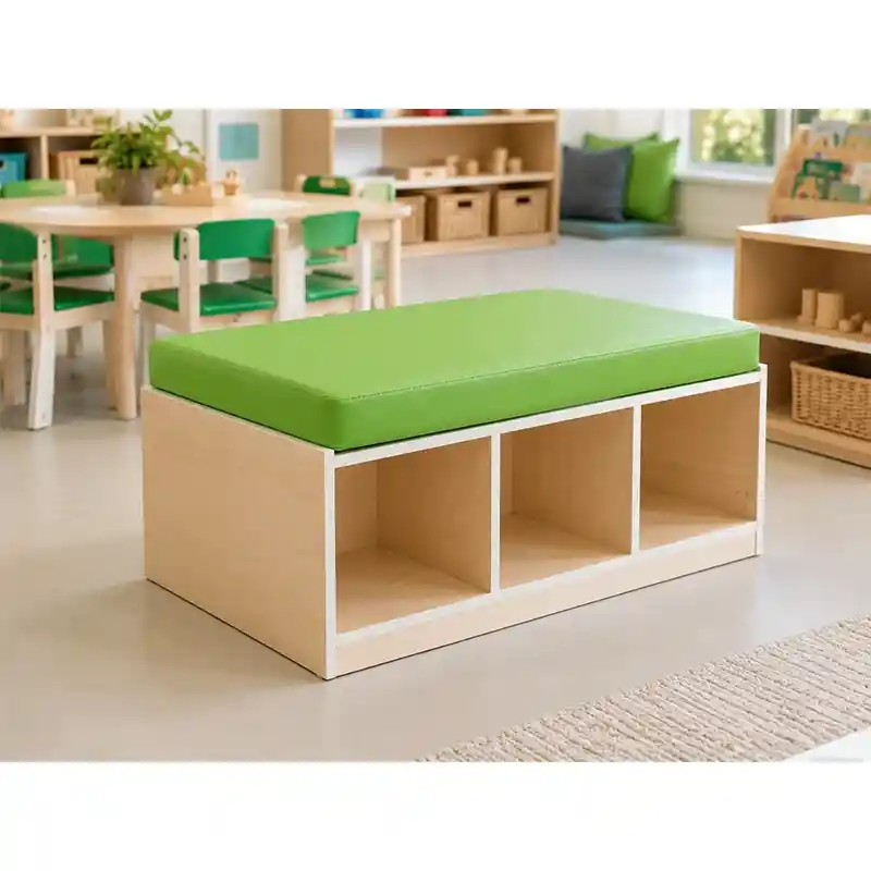 Cushioned Classroom Storage Bench with 3 Cubbies