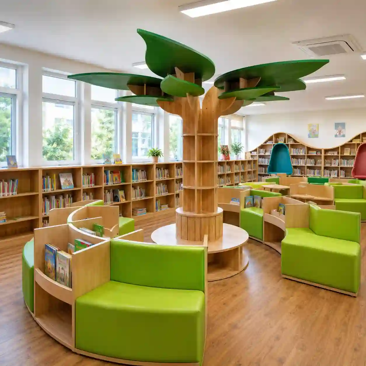 Tree-Themed Library Seating & Integrated Book Storage System