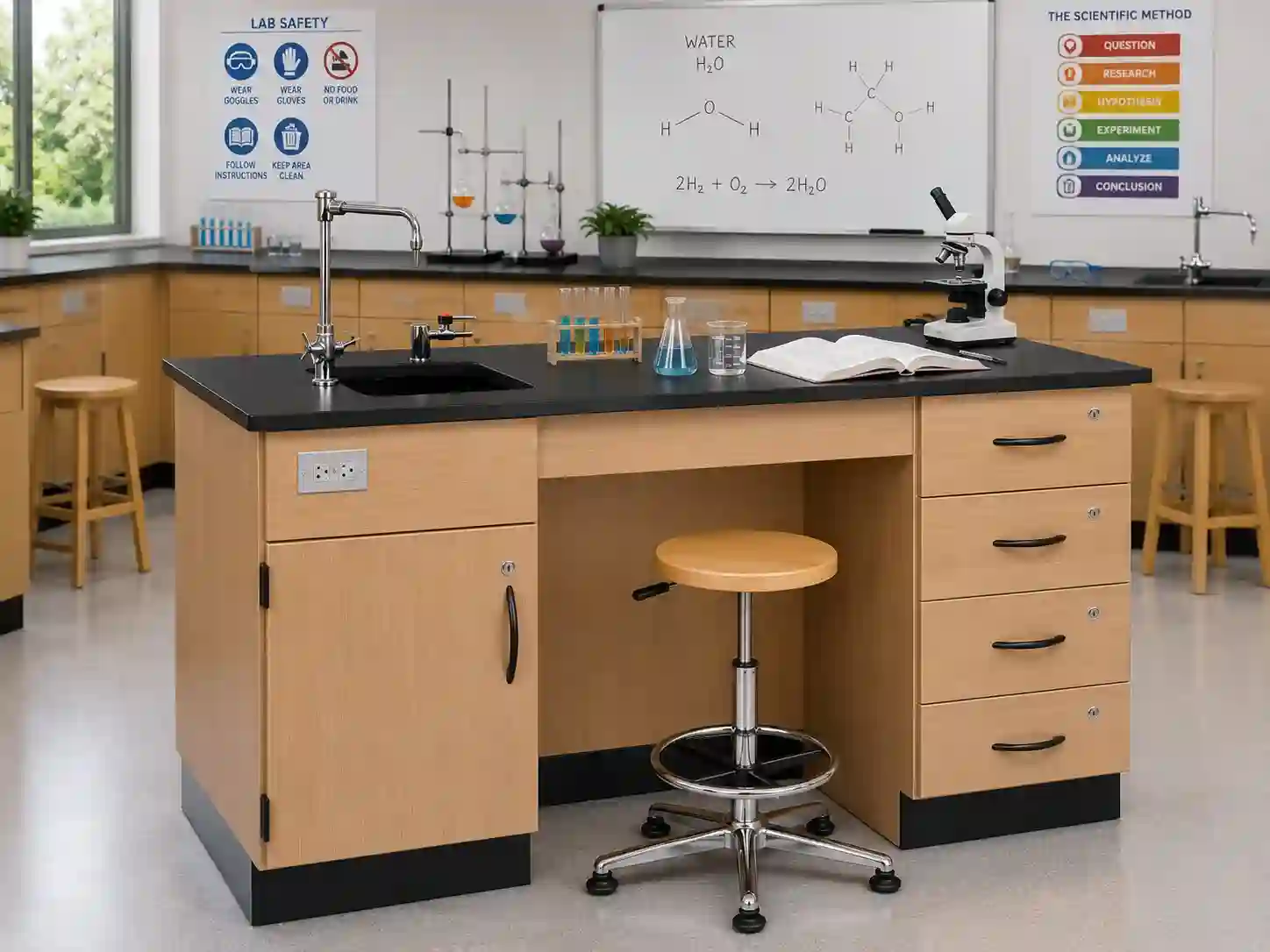 Science Laboratory Workbench with Sink, Cabinet & Drawers